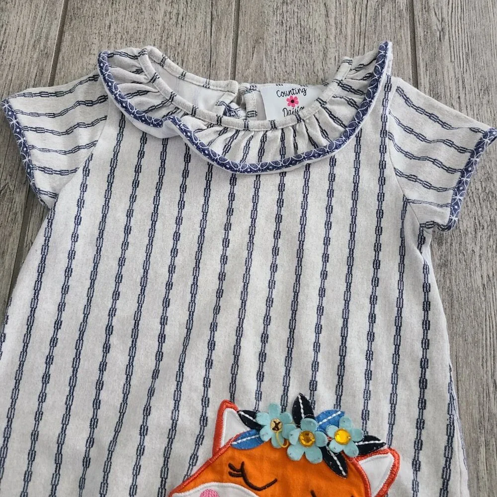 Counting Daisies Girls Striped Fox Appliqué Ruffle Collar Dress Size 5